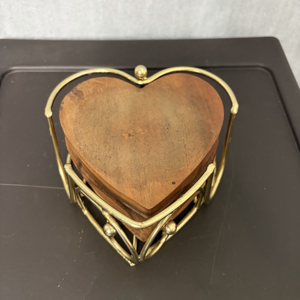 Vintage Wood Heart Coaster Set Brass Holder 4 Piece Cottage Farmhouse Decor